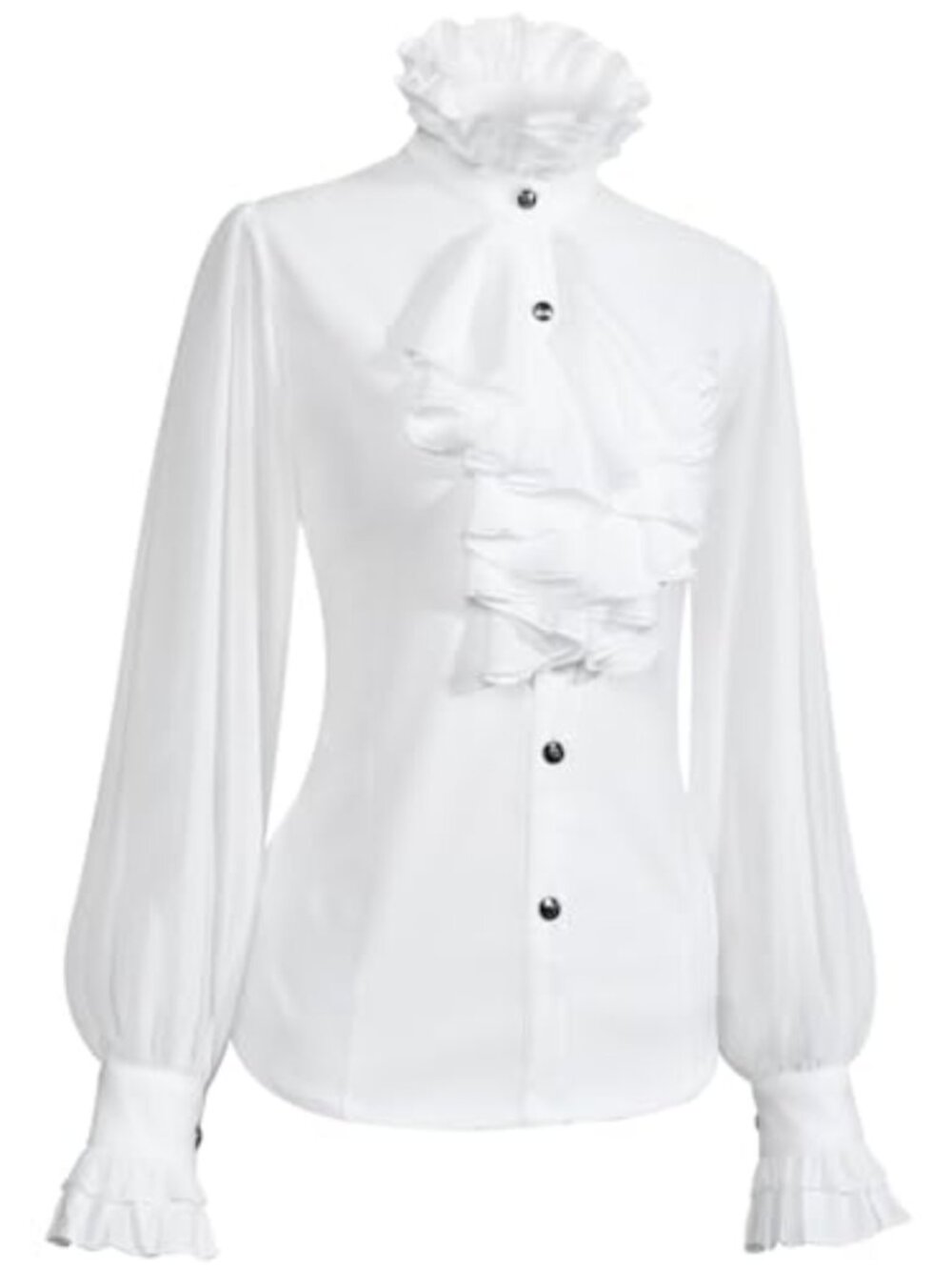 Womens Victorian Ruffle Blouse High Neck Puff Sleeve Button Front Work Top